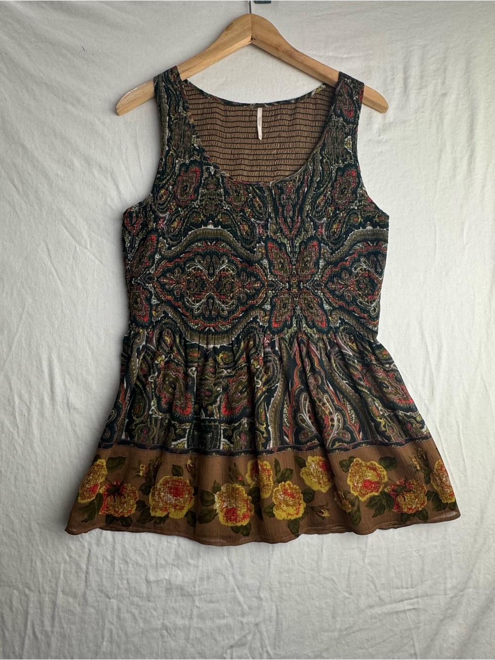 Free People Paisley Floral Smocked Boho Babydoll Tunic Top M - Picture 2 of 7